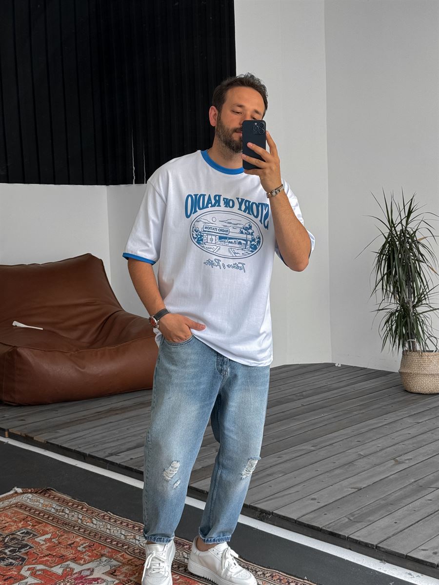 Beyaz Radio Station Baskılı Oversize T-Shirt PM-107