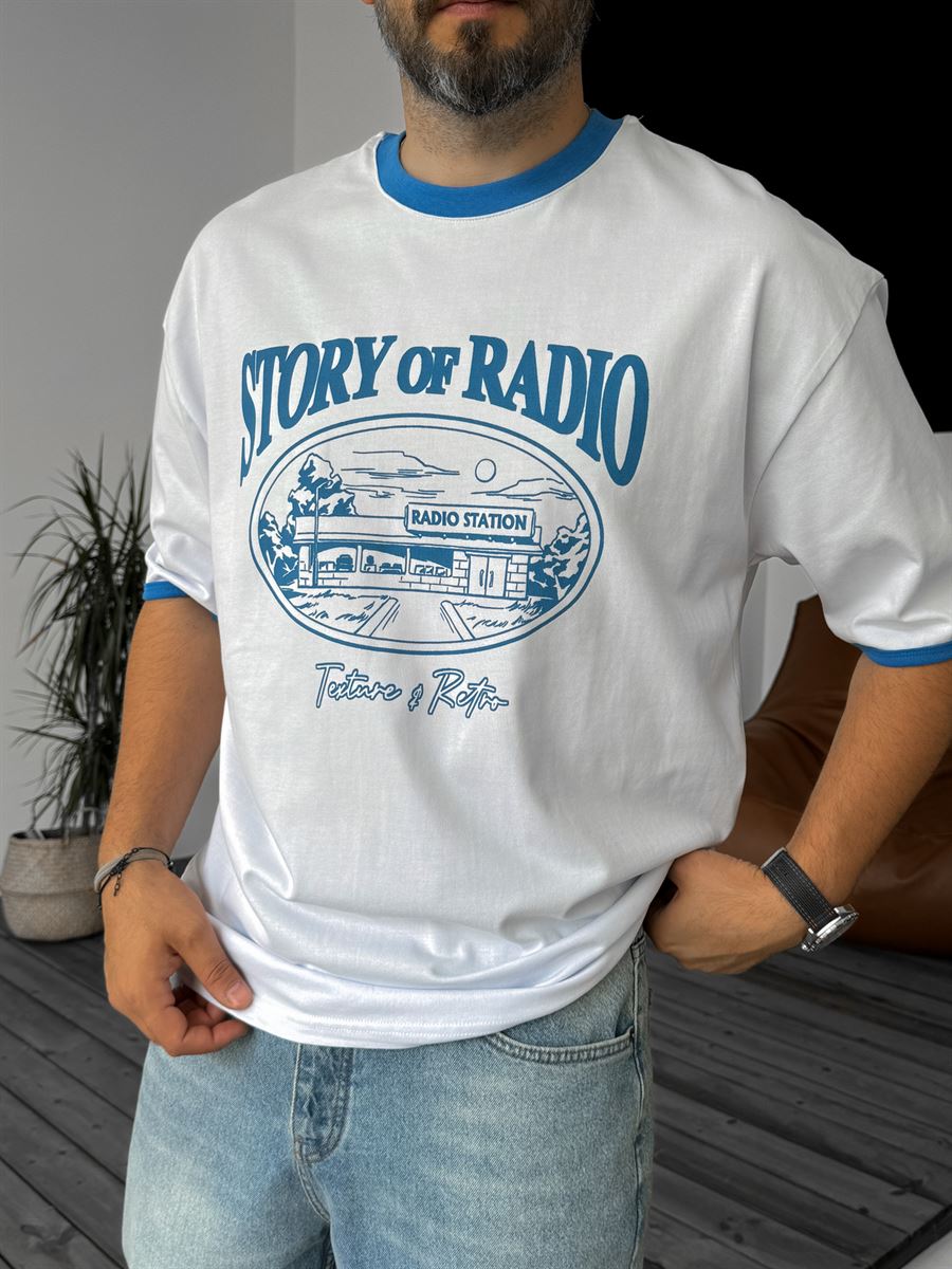 Beyaz Radio Station Baskılı Oversize T-Shirt PM-107