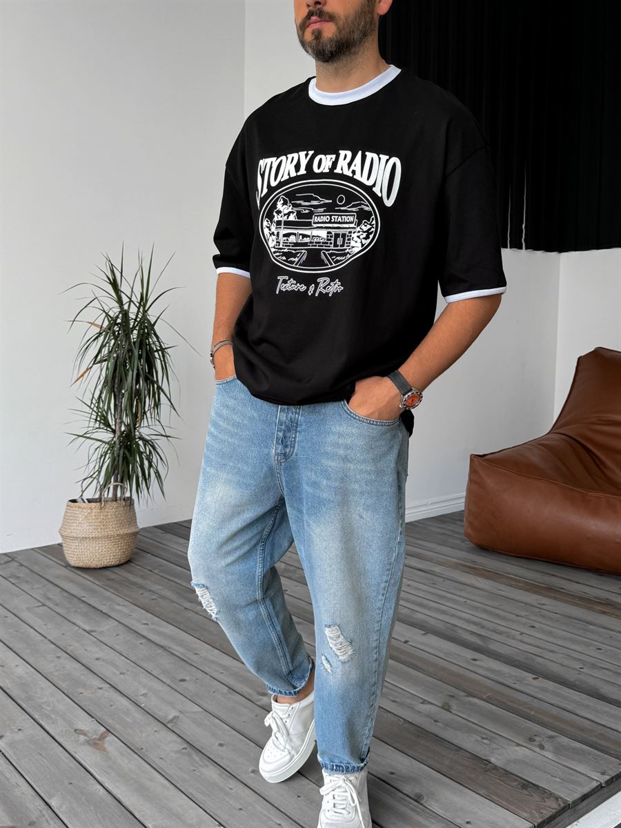 Siyah Radio Station Baskılı Oversize T-Shirt PM-107