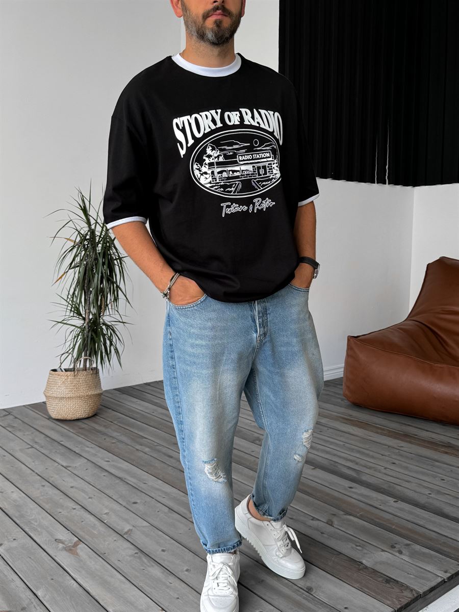 Siyah Radio Station Baskılı Oversize T-Shirt PM-107