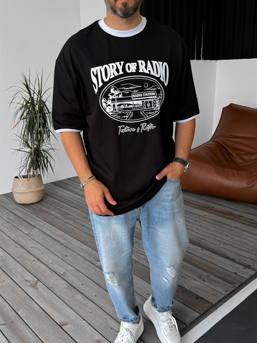 Siyah Radio Station Baskılı Oversize T-Shirt PM-107