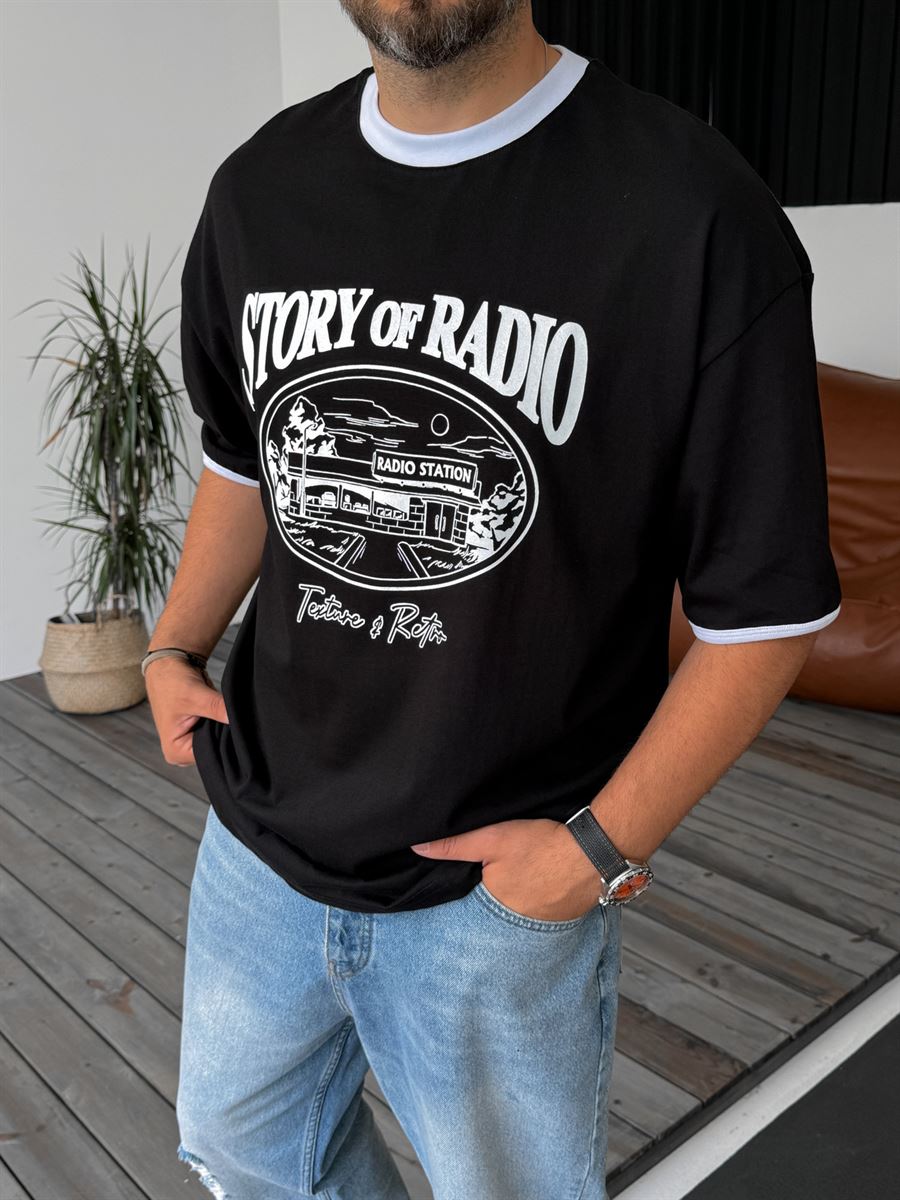 Siyah Radio Station Baskılı Oversize T-Shirt PM-107