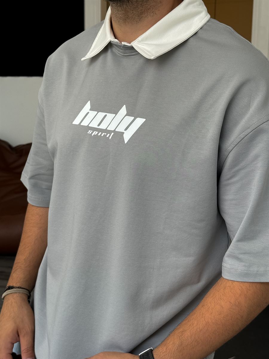 Gri Holy Baskılı Polo Yaka T-Shirt V-40-748