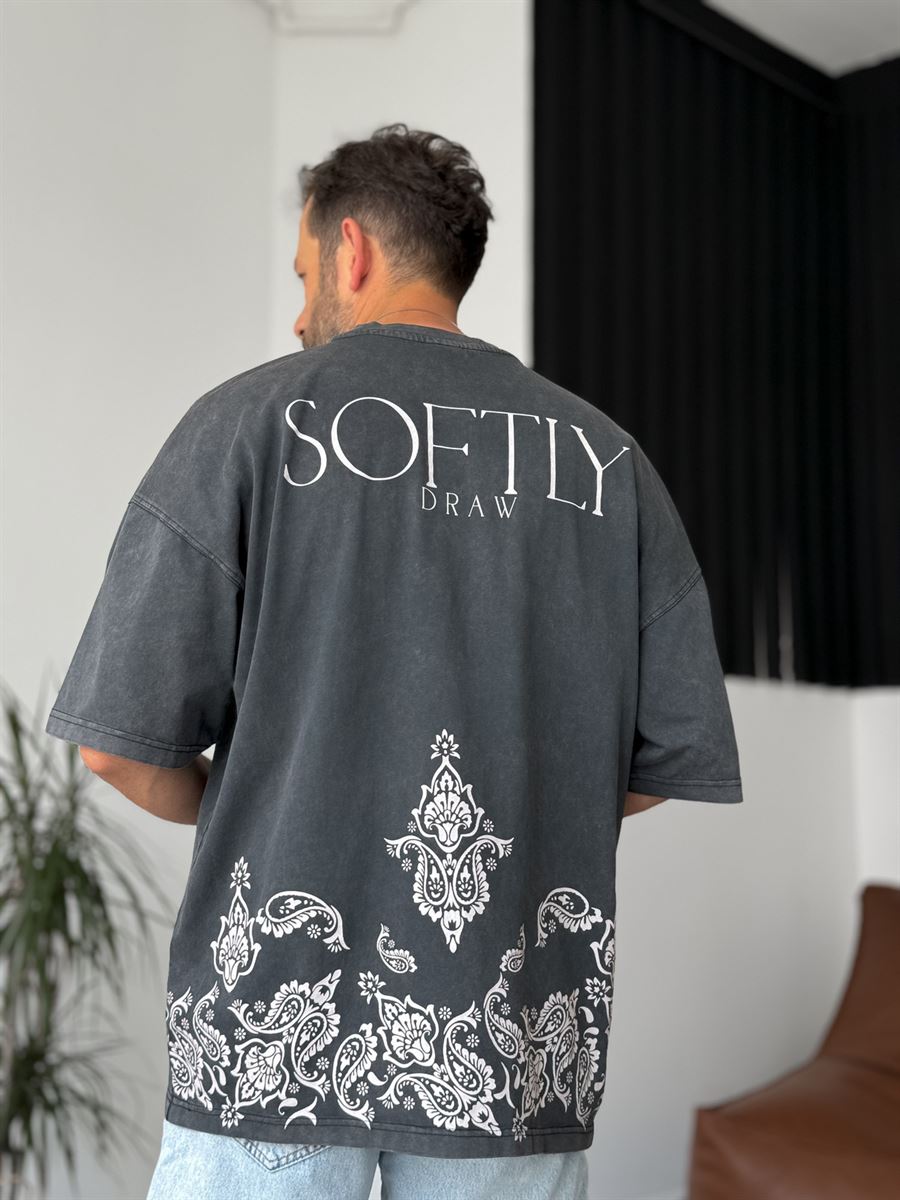 Antrasit Softly Baskılı Yıkamalı T-Shirt RES-4168