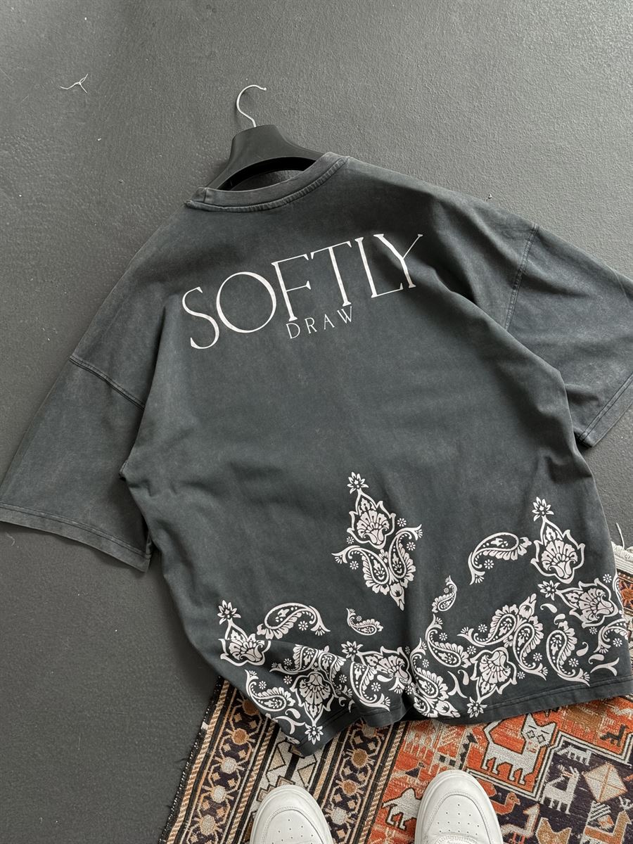 Antrasit Softly Baskılı Yıkamalı T-Shirt RES-4168