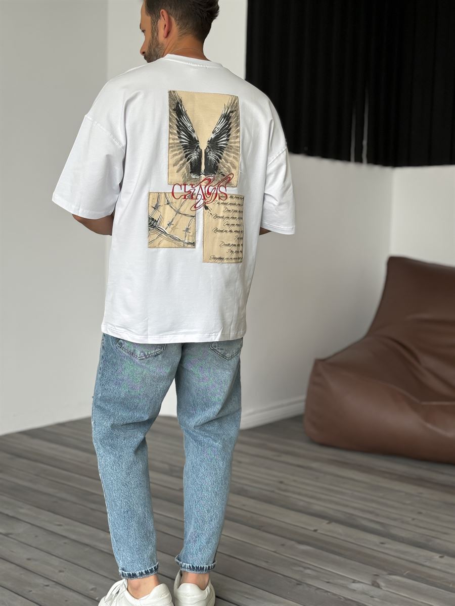 Beyaz Chaos Nakışlı Oversize T-Shirt RES-4211