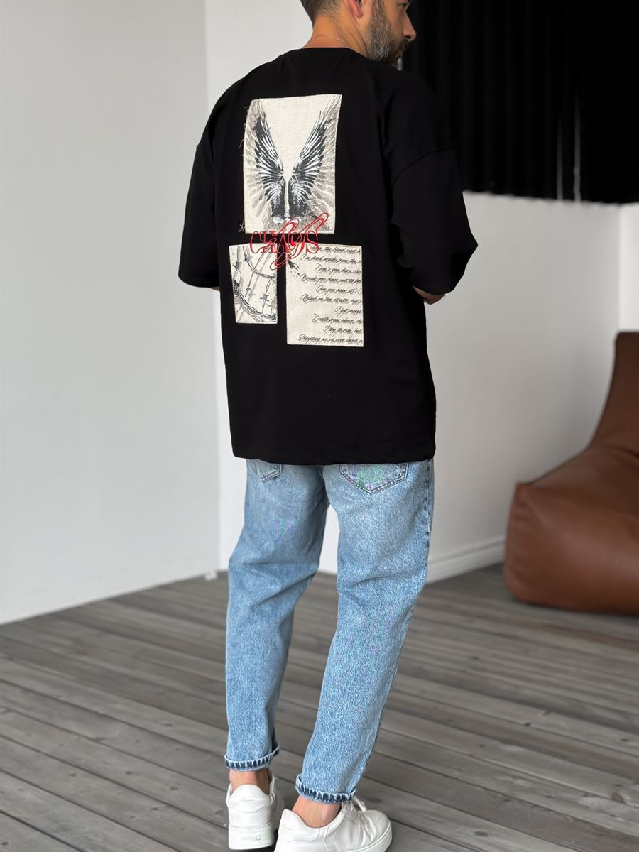 Siyah Chaos Nakışlı Oversize T-Shirt RES-4211