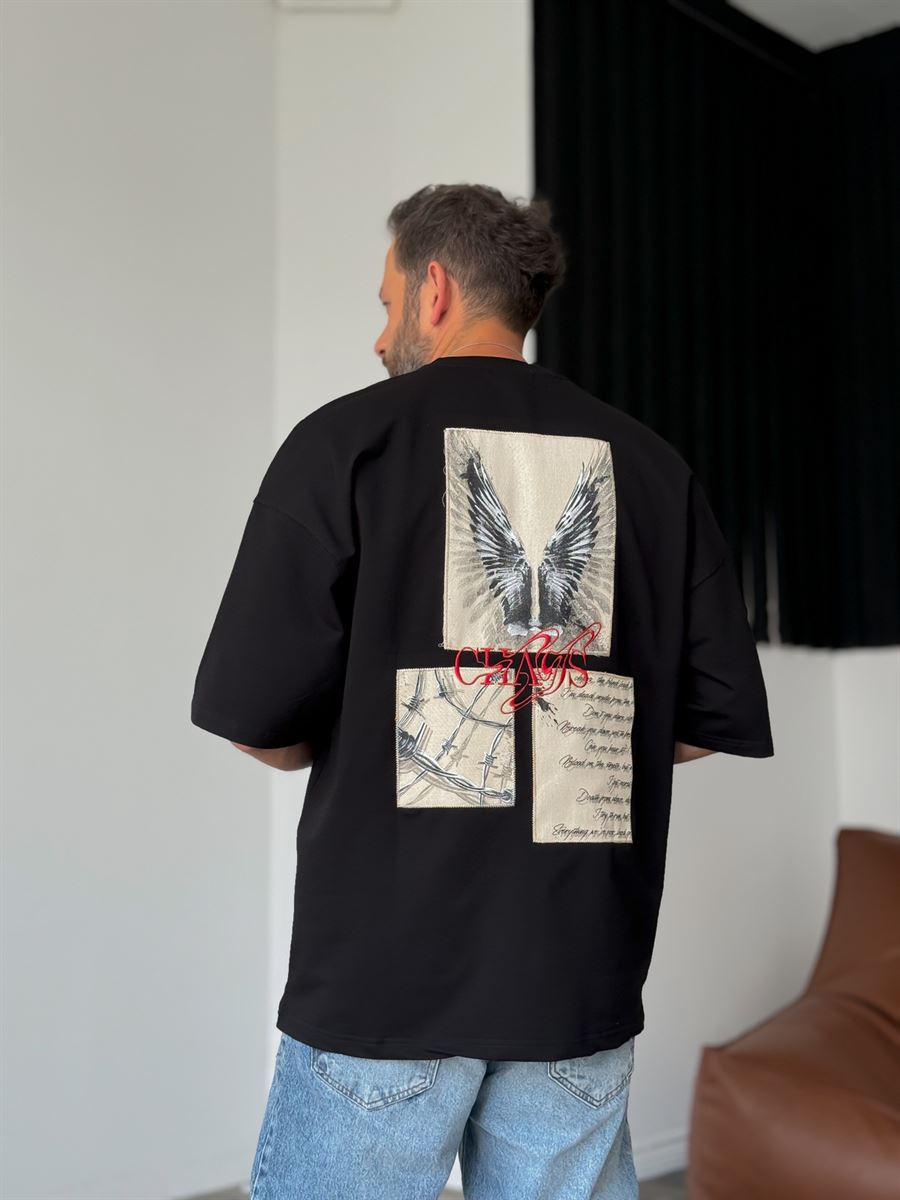 Siyah Chaos Nakışlı Oversize T-Shirt RES-4211