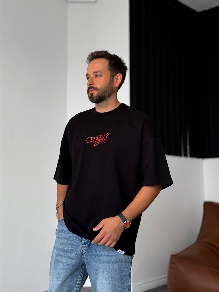 Siyah Chaos Nakışlı Oversize T-Shirt RES-4211