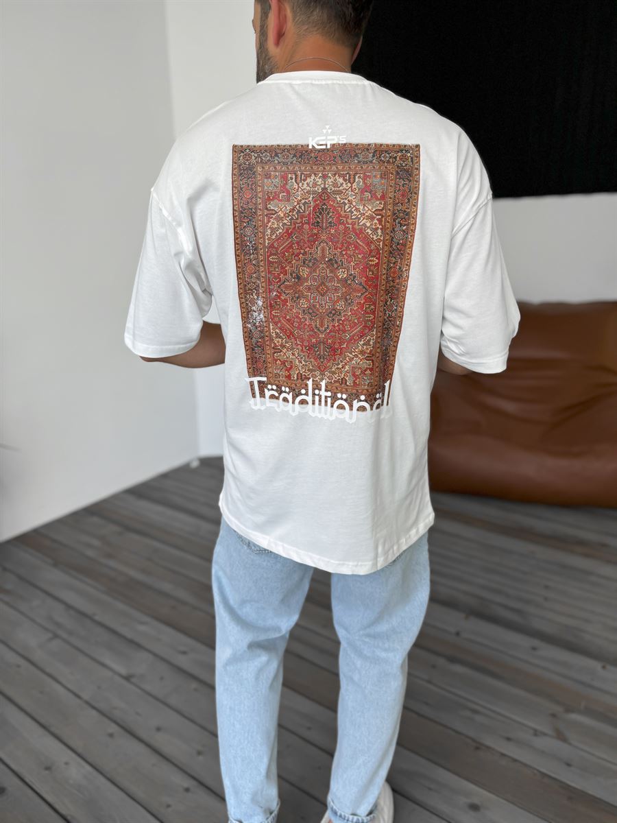 Beyaz Traditional Baskılı T-Shirt KE-3008