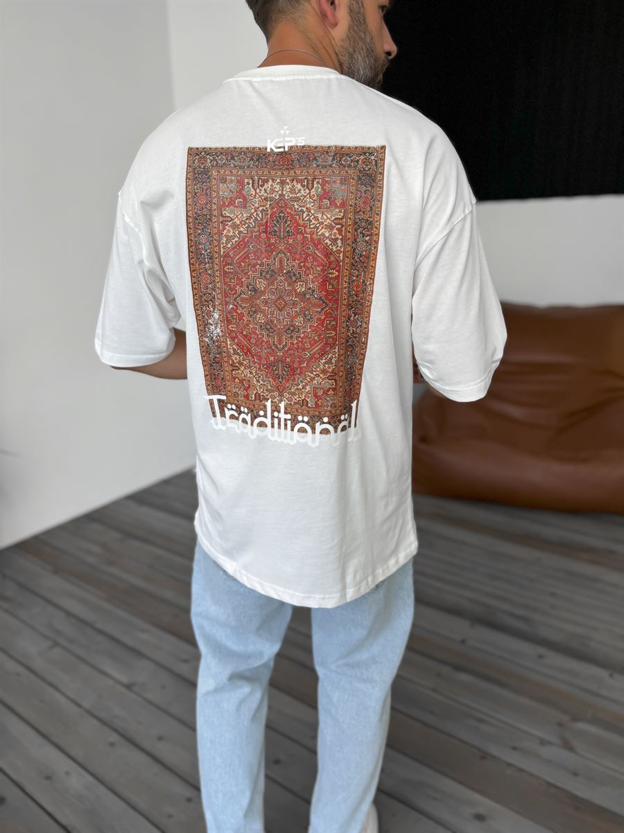 Beyaz Traditional Baskılı T-Shirt KE-3008