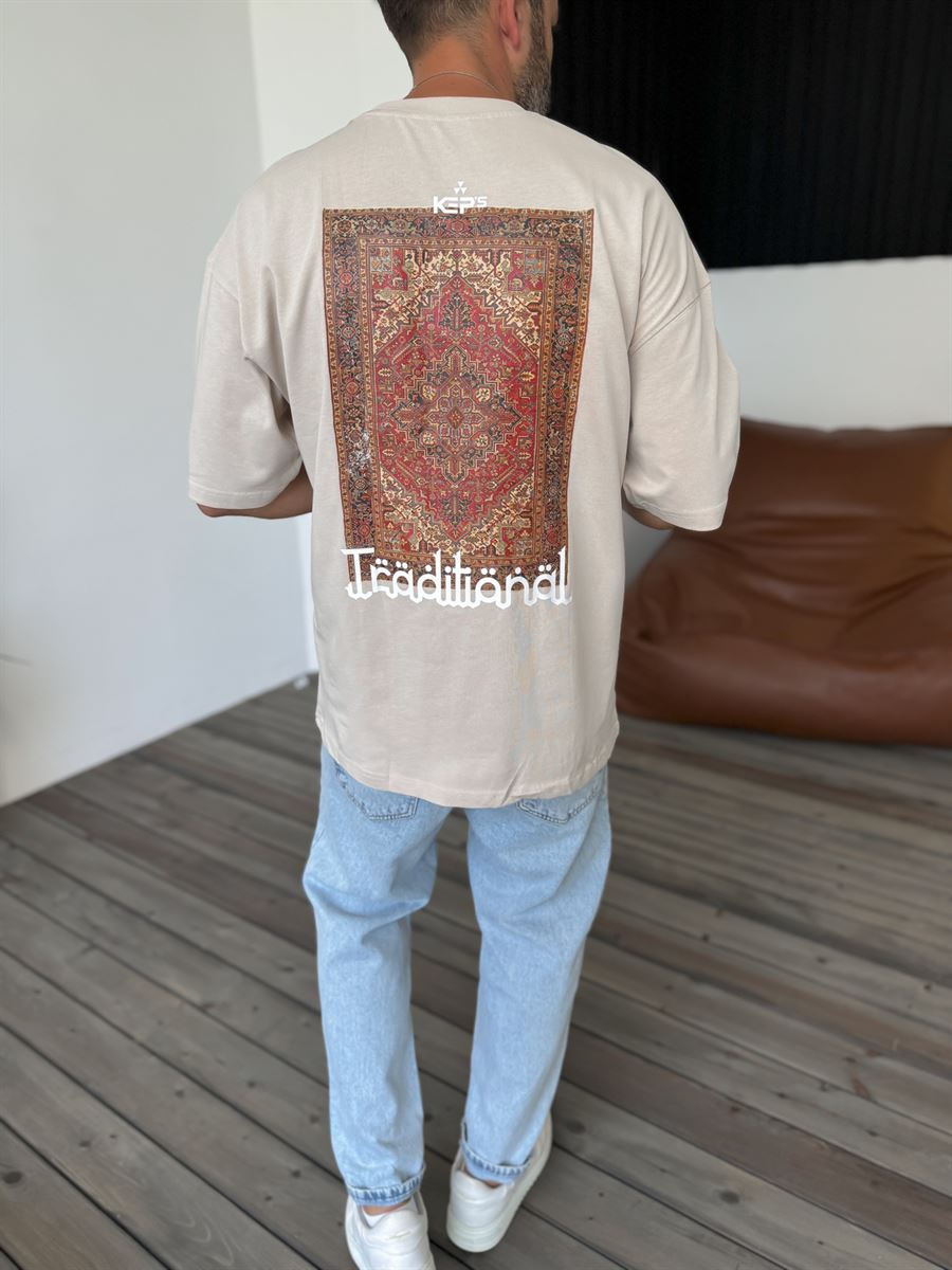 Bej Traditional Baskılı T-Shirt KE-3008