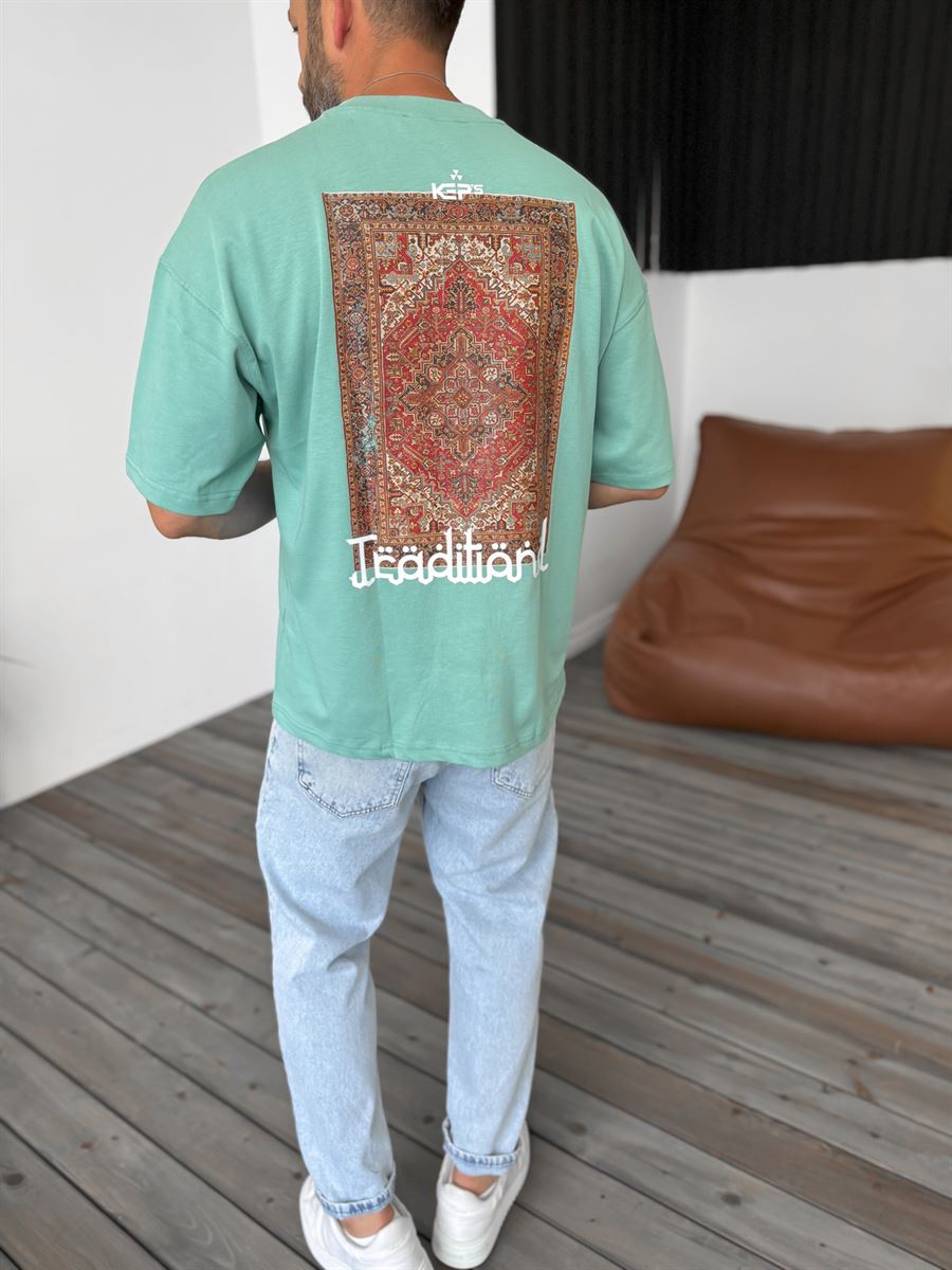 Yeşil Traditional Baskılı T-Shirt KE-3008