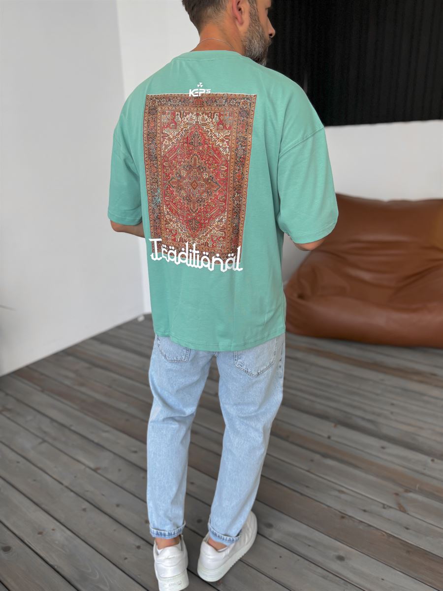 Yeşil Traditional Baskılı T-Shirt KE-3008