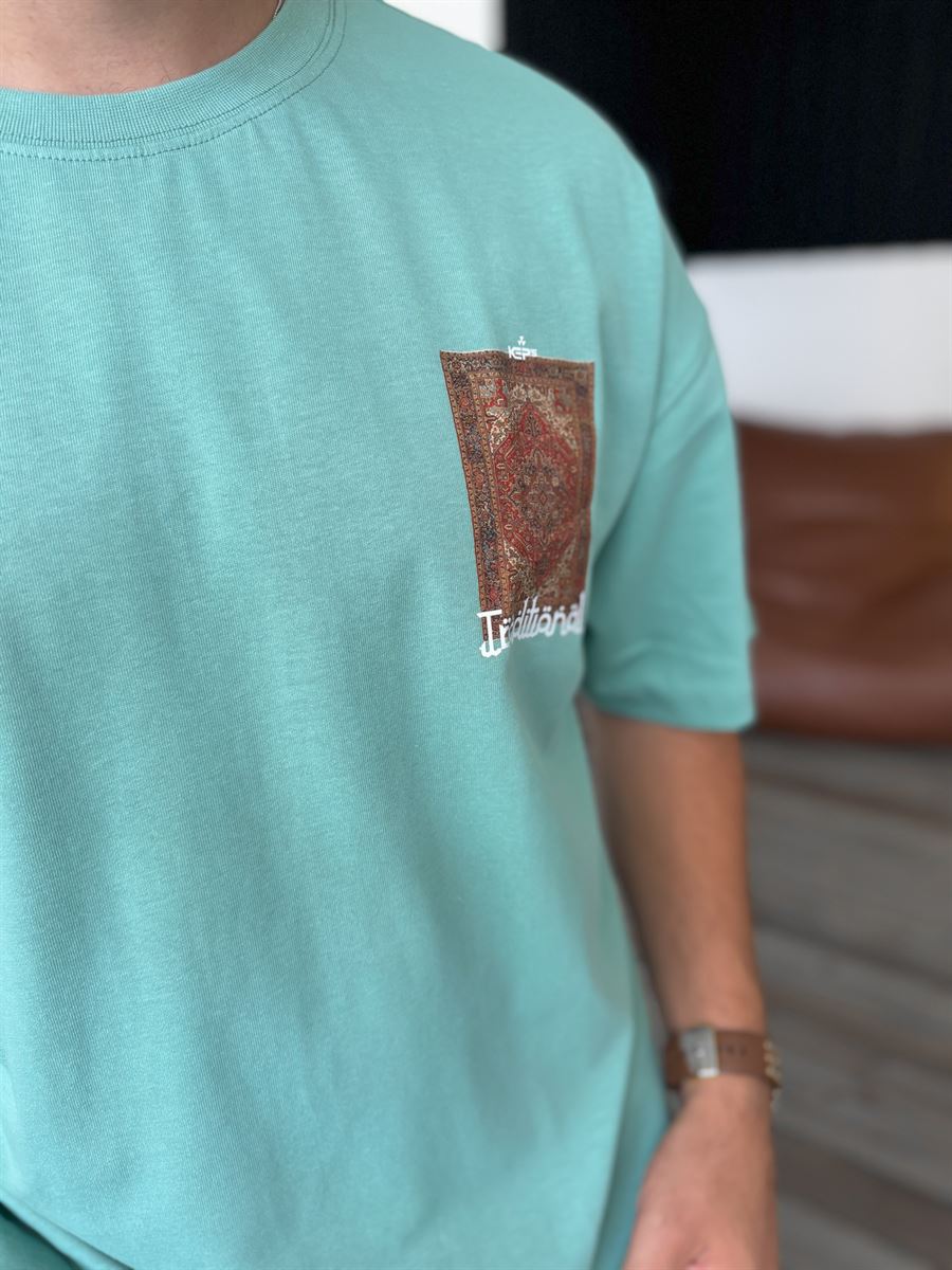 Yeşil Traditional Baskılı T-Shirt KE-3008