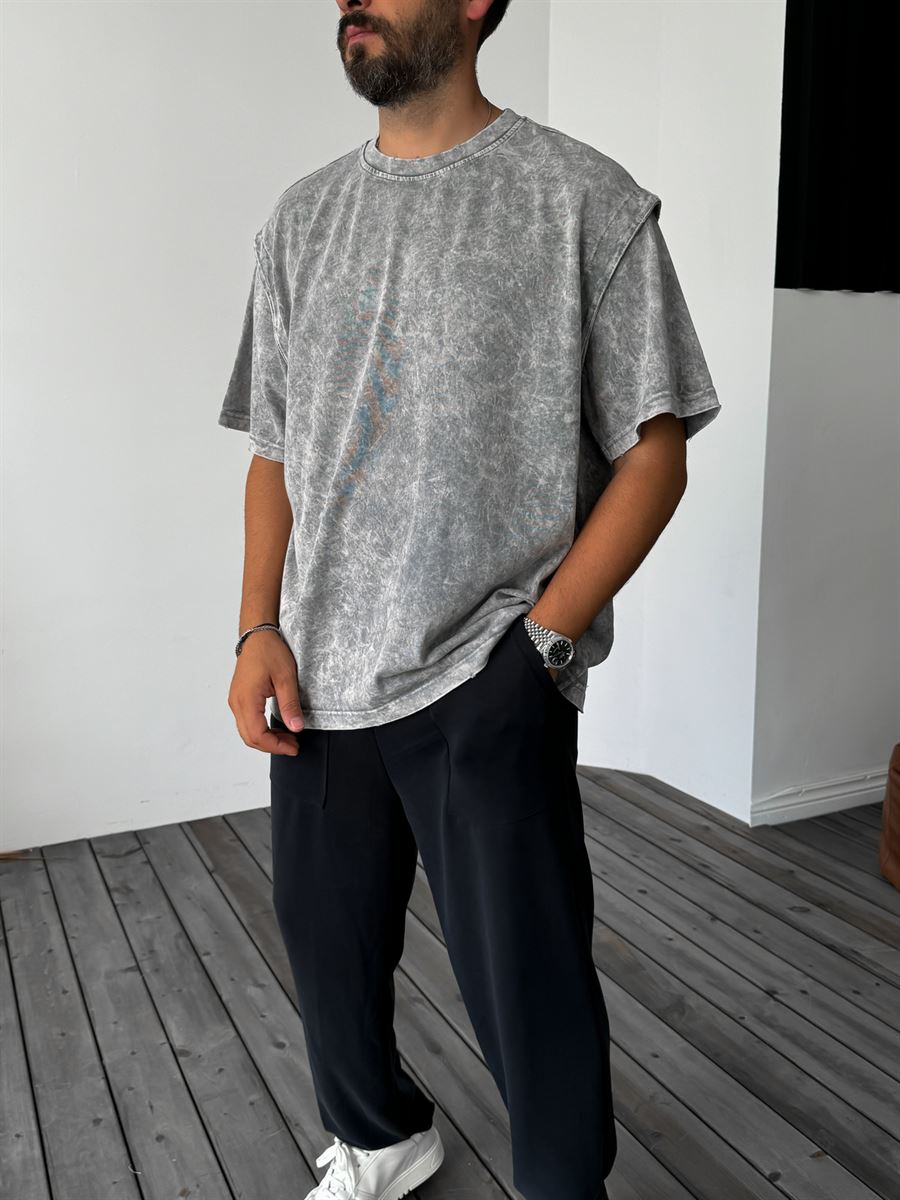 Gri Kolu Parçalı Yıkamalı Oversize T-Shirt C-076