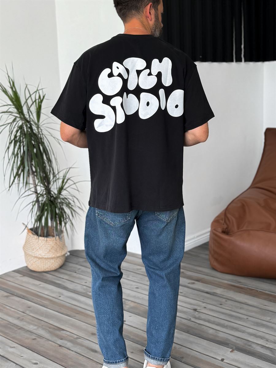 Siyah Studio Kabartmalı Oversize T-Shirt C-1215