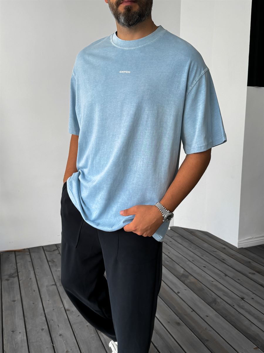 Açık Mavi İnce Yıkamalı Oversize T-Shirt C-1295