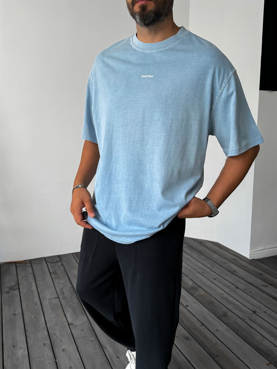 Açık Mavi İnce Yıkamalı Oversize T-Shirt C-1295