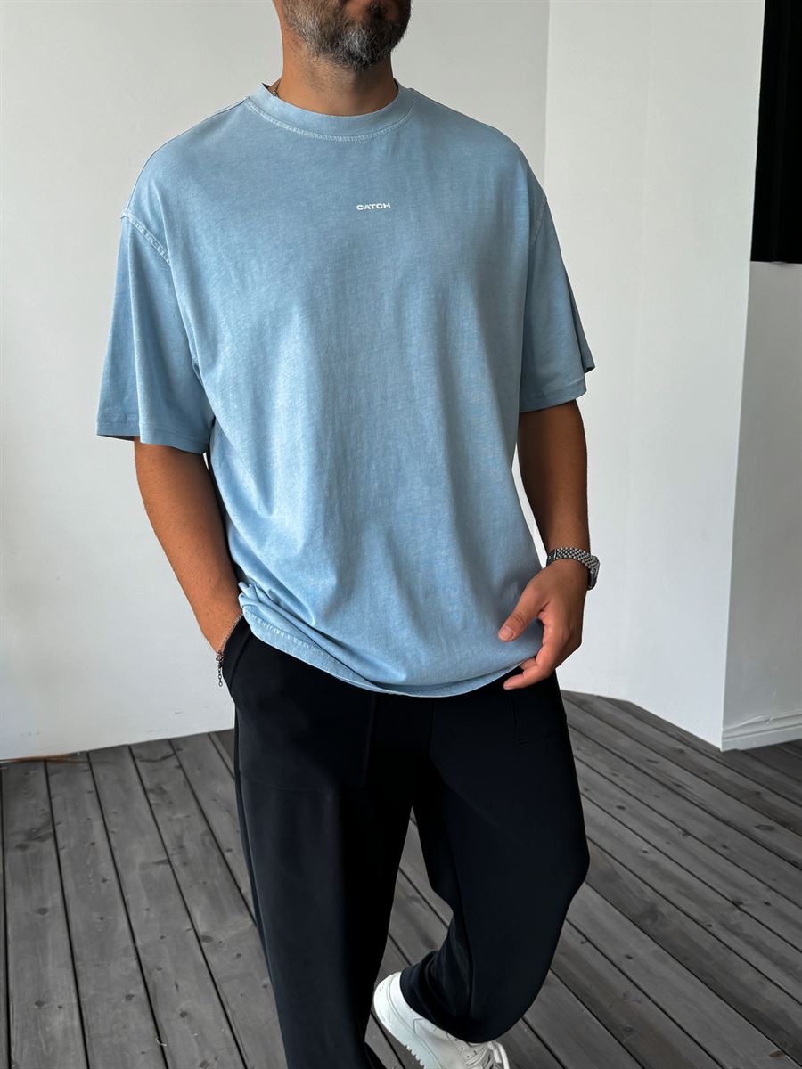 Açık Mavi İnce Yıkamalı Oversize T-Shirt C-1295