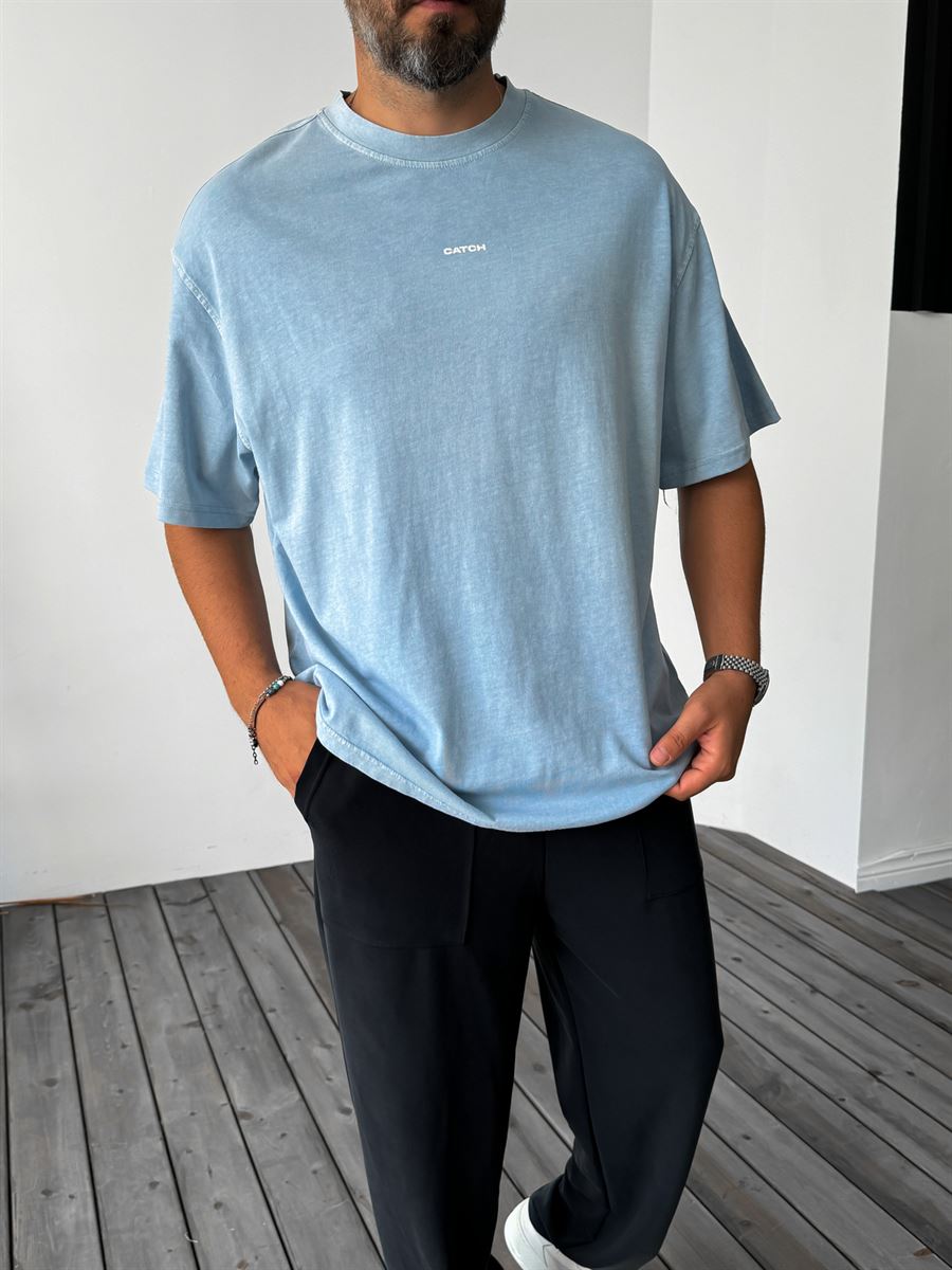 Açık Mavi İnce Yıkamalı Oversize T-Shirt C-1295