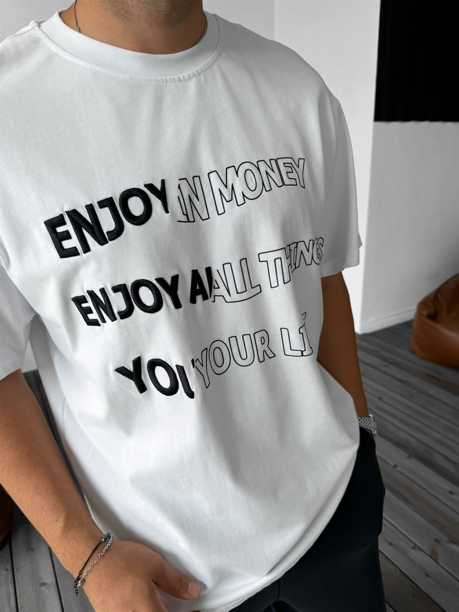 Beyaz Enjoy Kabartmalı Oversize T-Shirt C-119