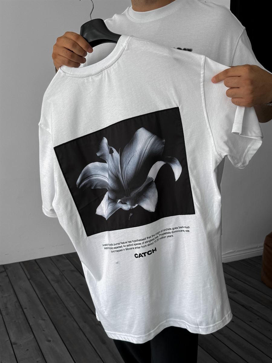 Beyaz Orchids Patchli Oversize T-Shirt C-040