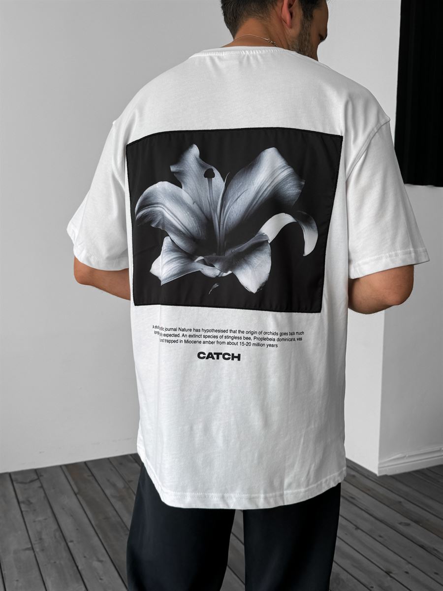 Beyaz Orchids Patchli Oversize T-Shirt C-040