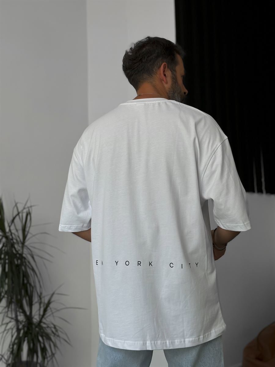 Beyaz New York Baskılı Oversize T-Shirt C-116