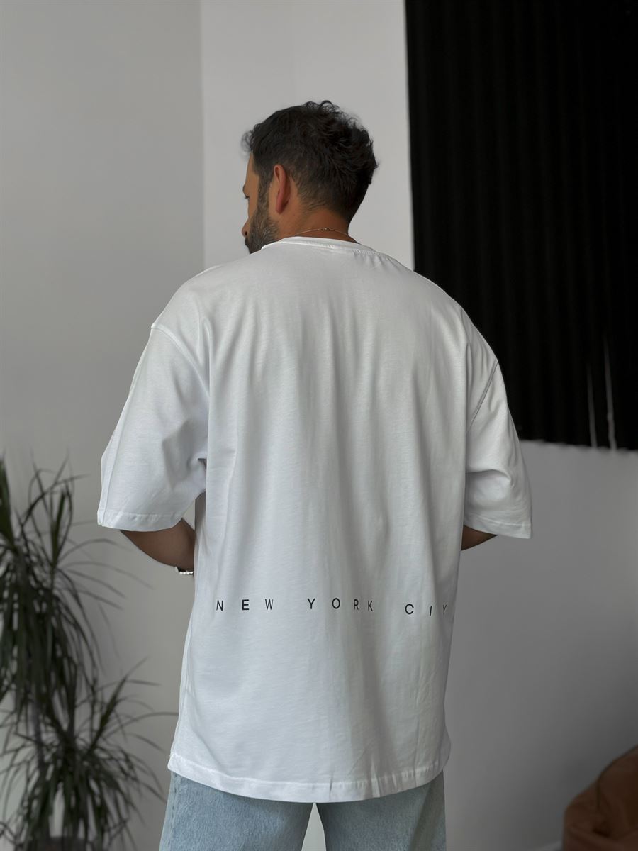 Beyaz New York Baskılı Oversize T-Shirt C-116