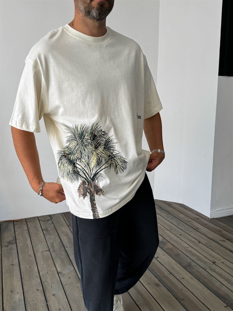 Ekru Palm Trees Baskılı T-Shirt C-1265