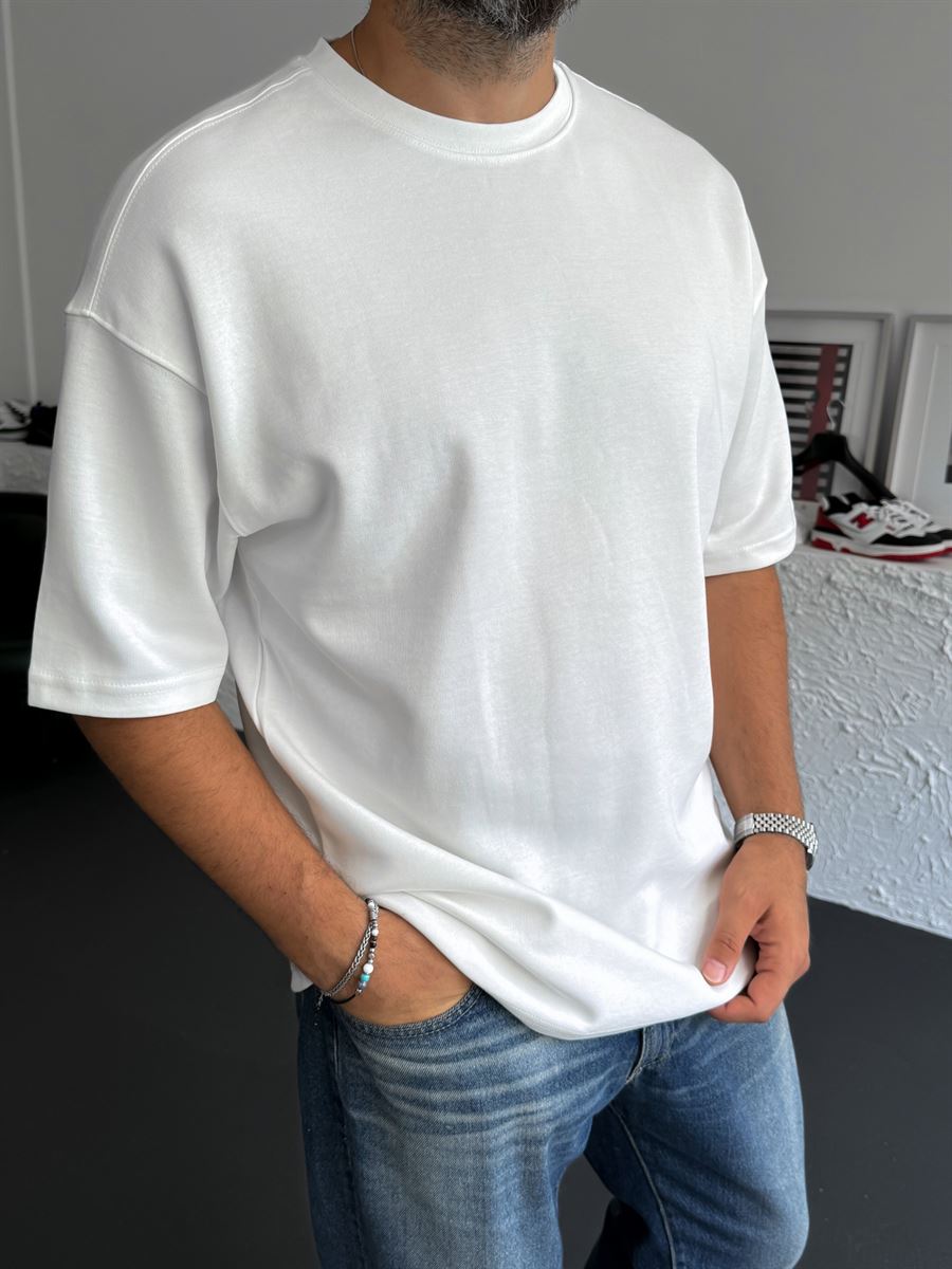 Beyaz Diagonel Kumaş Basic T-Shirt KE-3004