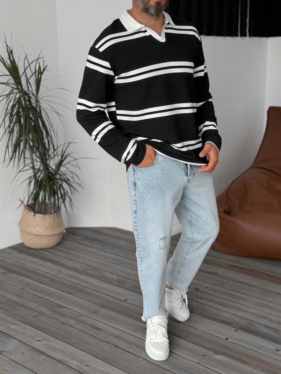 Siyah Fitilli Çift Şeritli Yakalı Sweatshirt ERS-4500