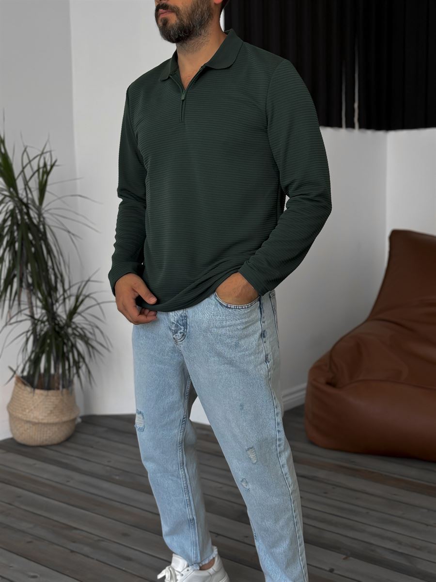 Koyu Yeşil Yarım Fermuarlı Fitilli Sweatshirt ERS-4522