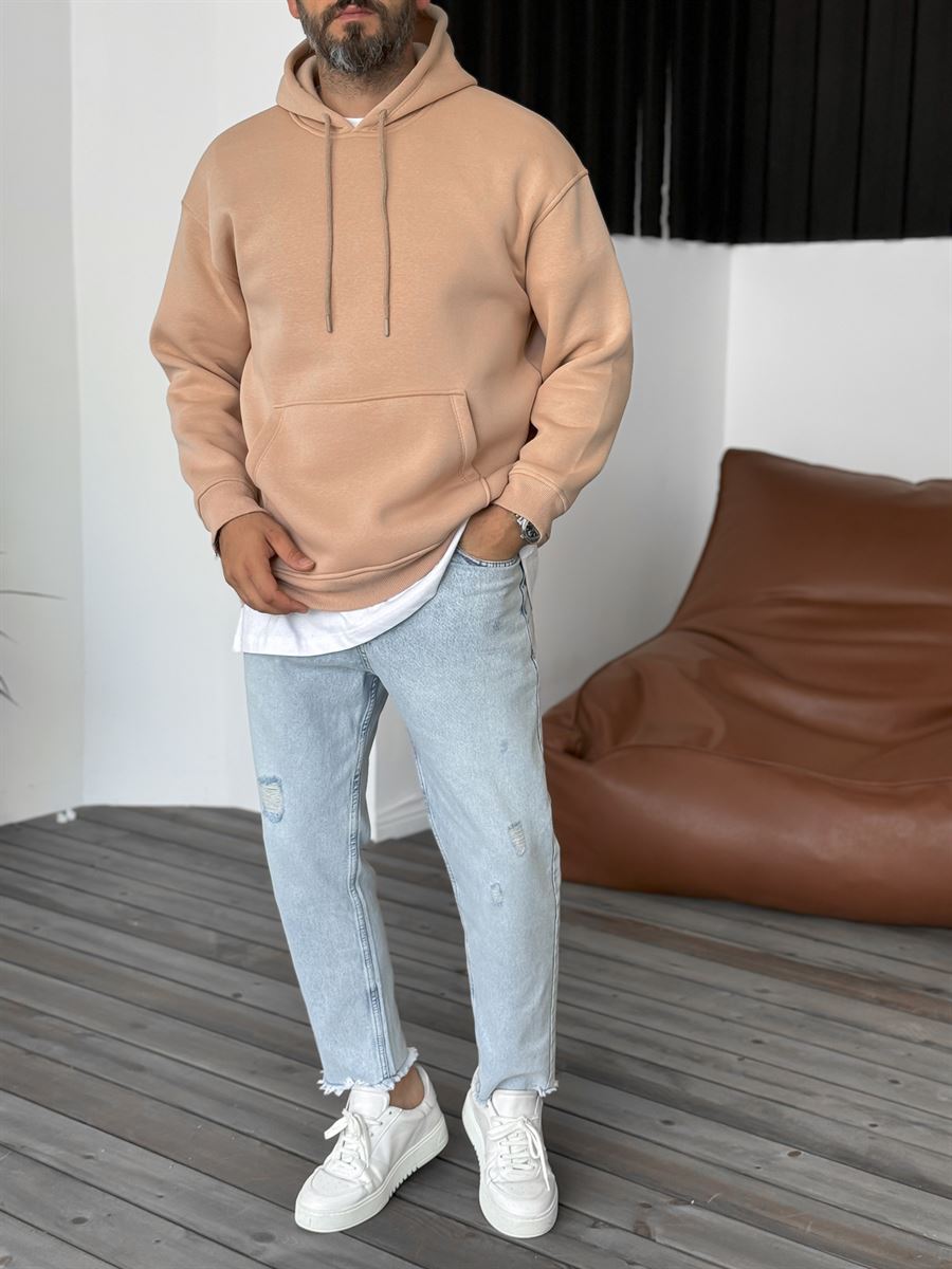 Açık Kahve Basic Kapüşonlu Sweatshirt BY-057