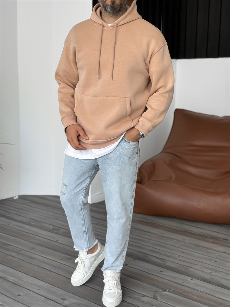 Açık Kahve Basic Kapüşonlu Sweatshirt BY-057