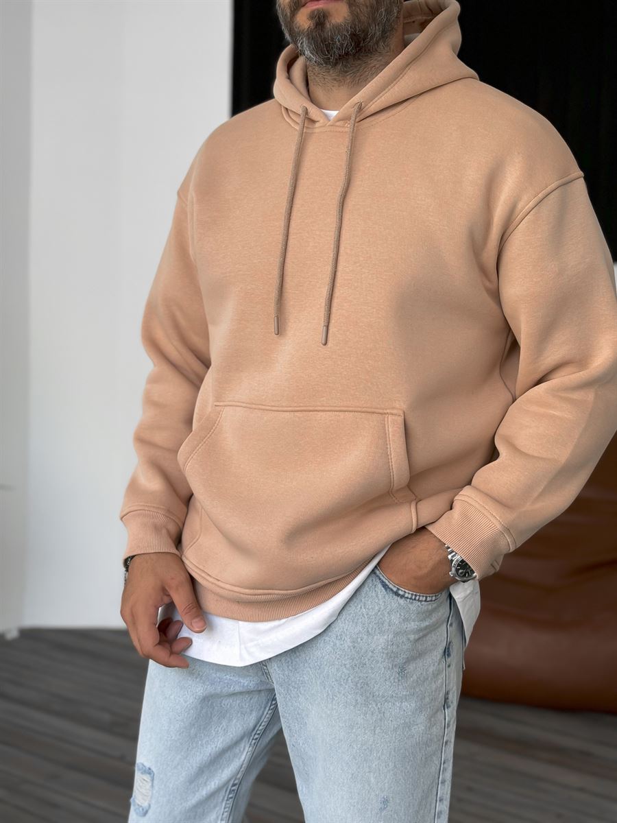 Açık Kahve Basic Kapüşonlu Sweatshirt BY-057