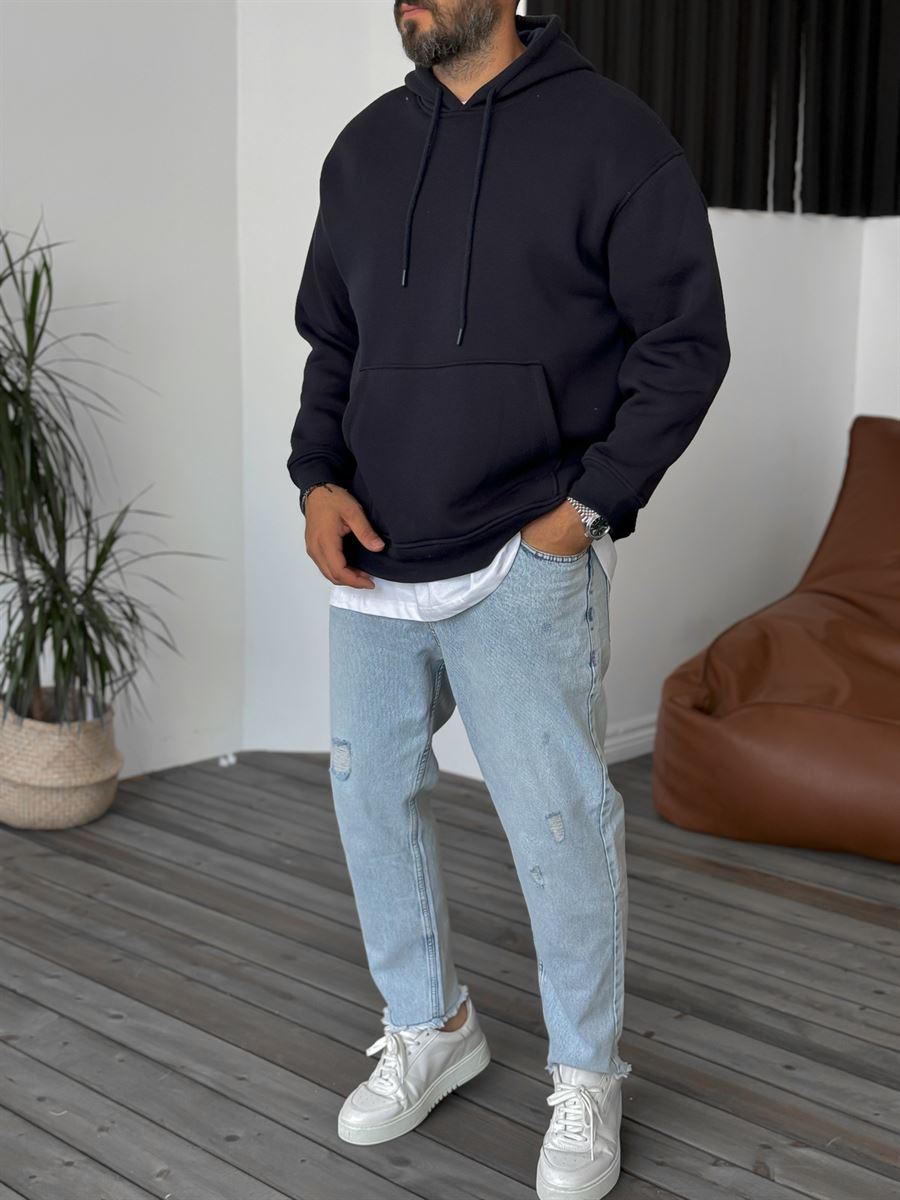 Lacivert Basic Kapüşonlu Sweatshirt BY-057