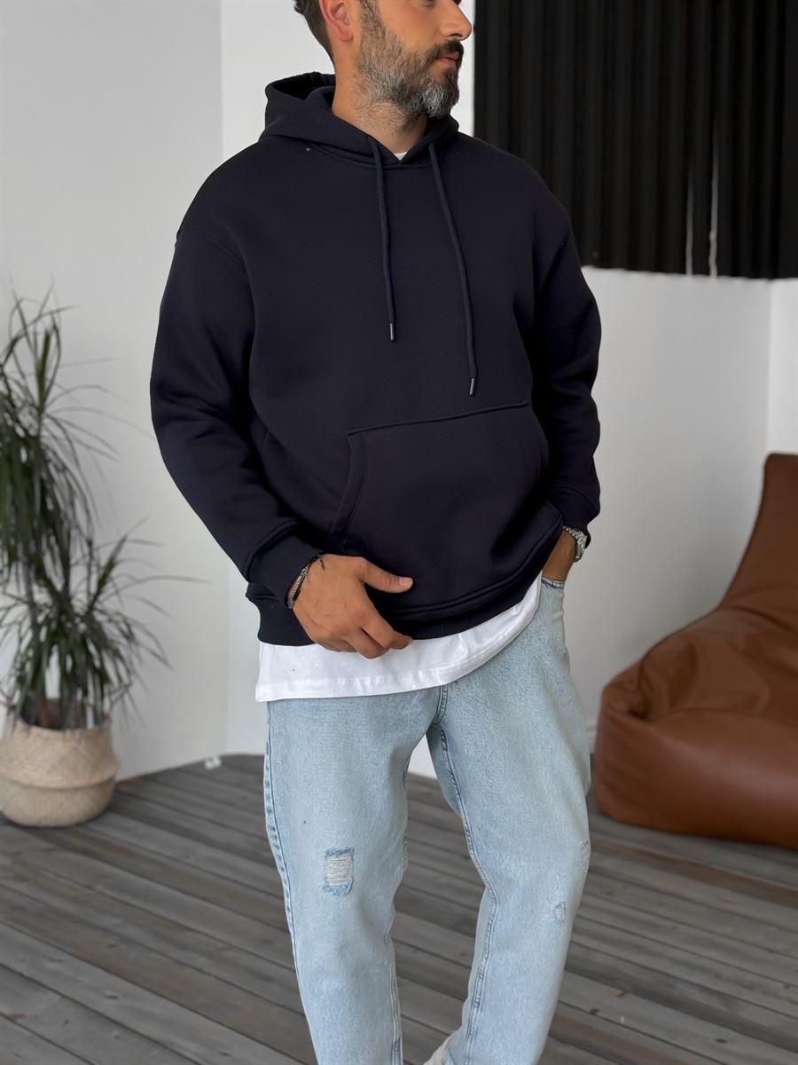 Lacivert Basic Kapüşonlu Sweatshirt BY-057