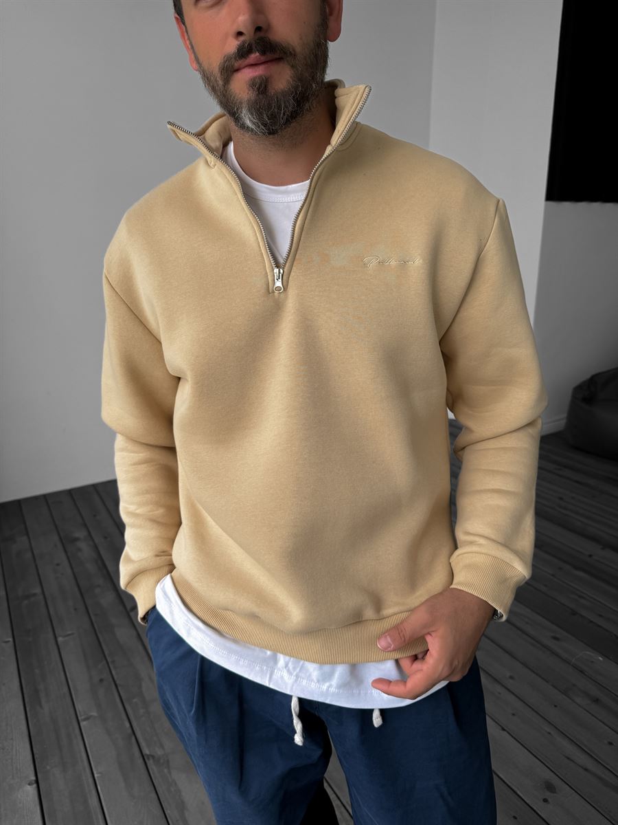 Bej Yarım Fermuarlı Nakışlı Sweatshirt PM-135