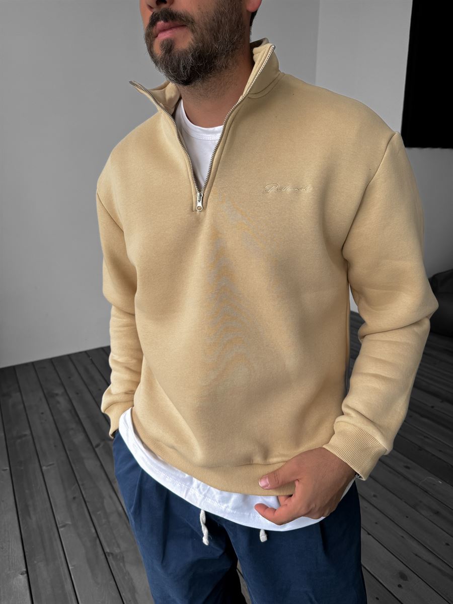 Bej Yarım Fermuarlı Nakışlı Sweatshirt PM-135