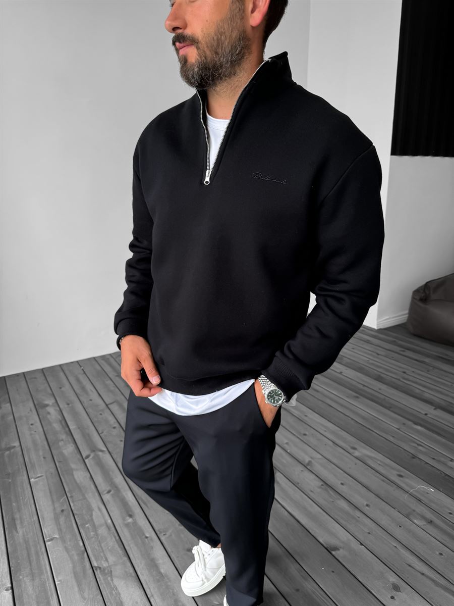 Siyah Yarım Fermuarlı Nakışlı Sweatshirt PM-135