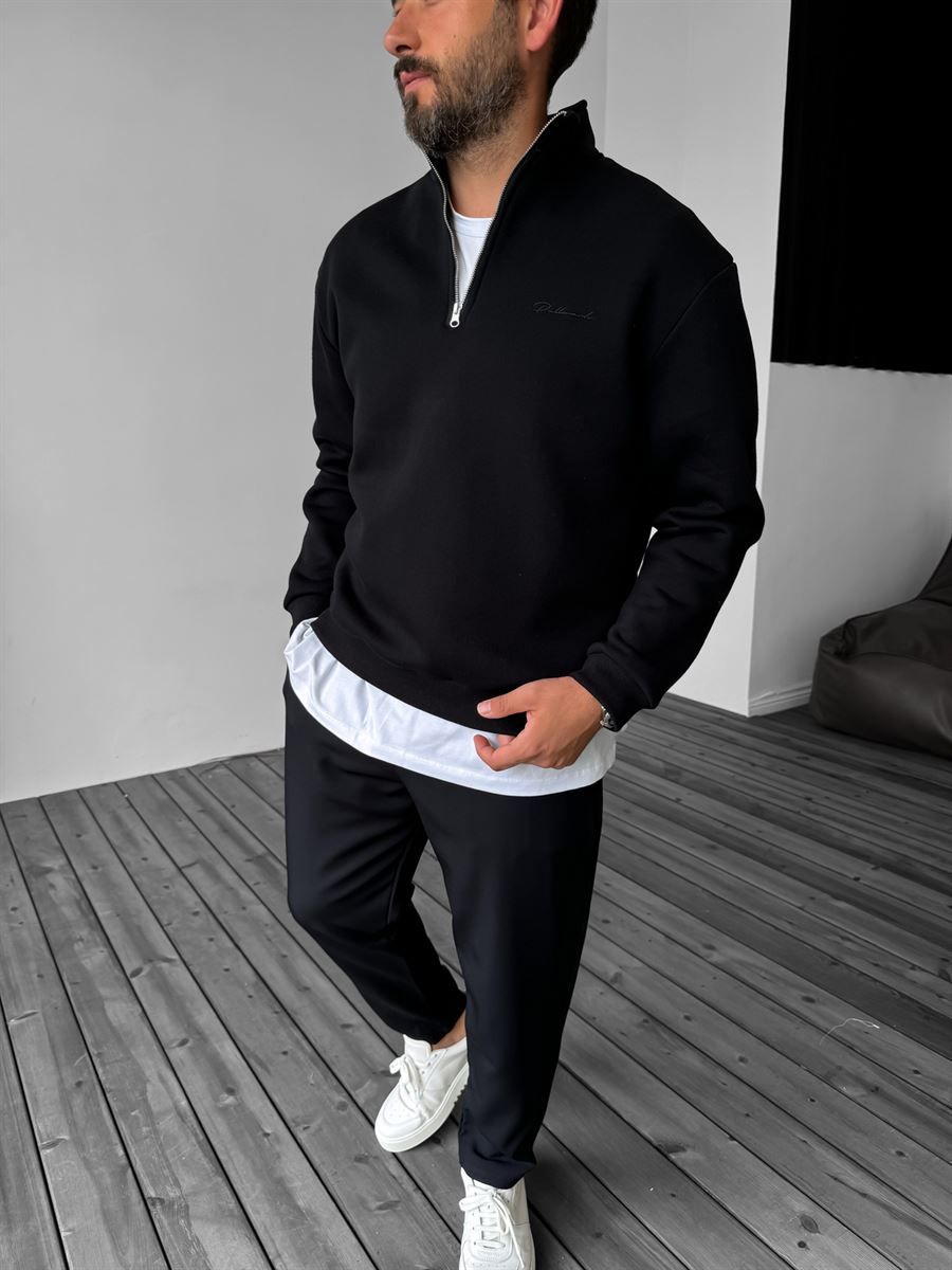 Siyah Yarım Fermuarlı Nakışlı Sweatshirt PM-135