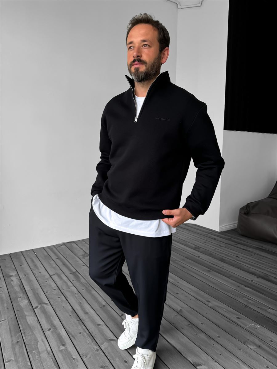 Siyah Yarım Fermuarlı Nakışlı Sweatshirt PM-135