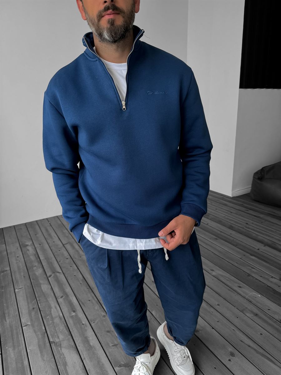 Lacivert Yarım Fermuarlı Nakışlı Sweatshirt PM-135