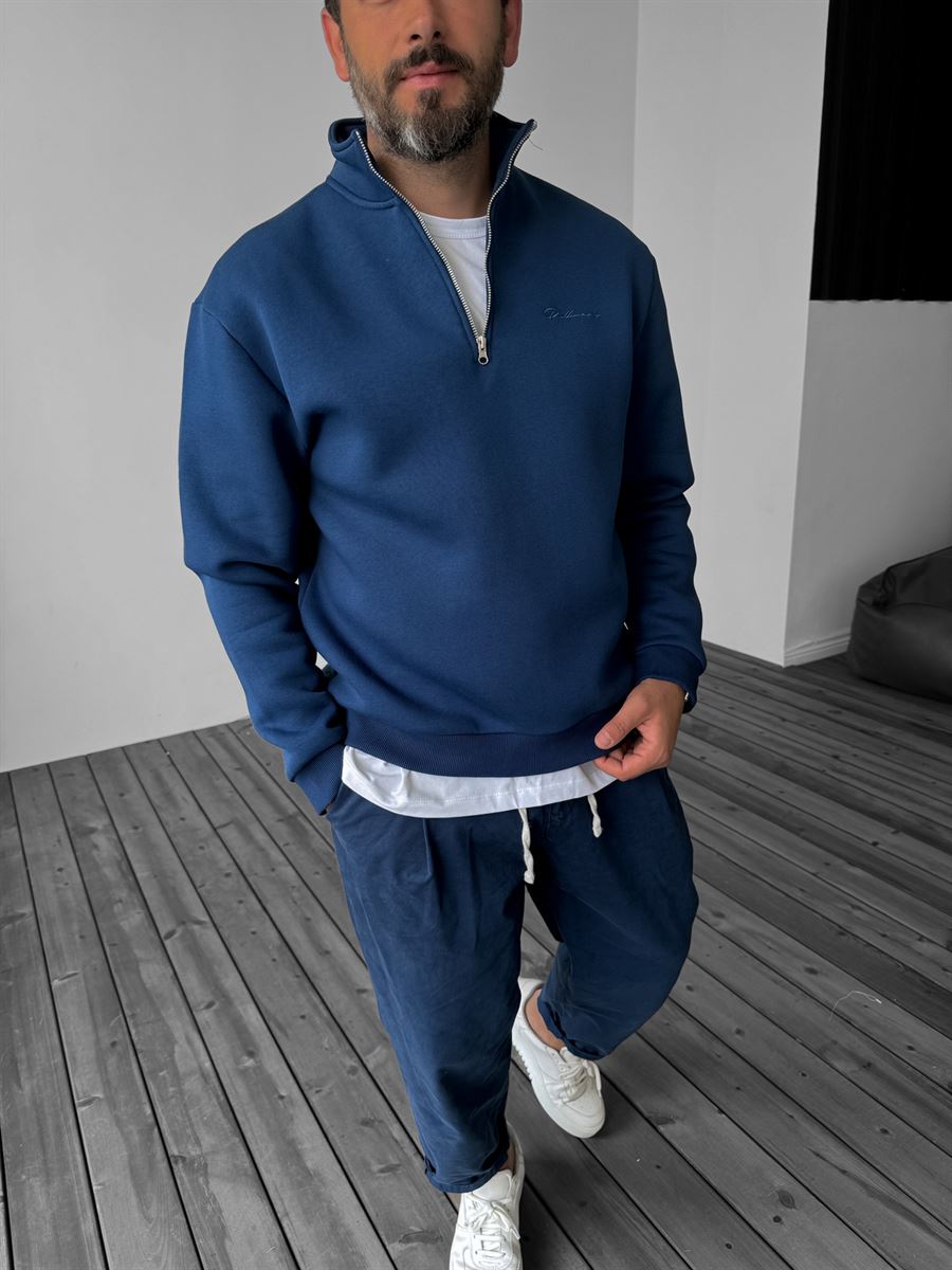 Lacivert Yarım Fermuarlı Nakışlı Sweatshirt PM-135