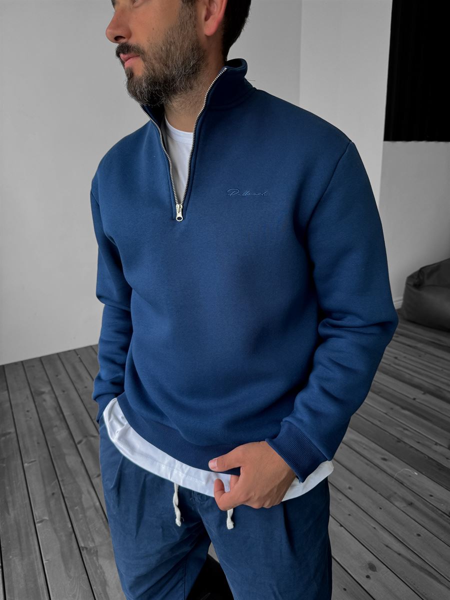 Lacivert Yarım Fermuarlı Nakışlı Sweatshirt PM-135