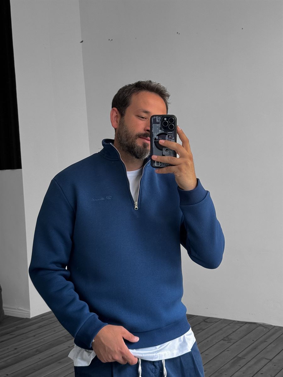 Lacivert Yarım Fermuarlı Nakışlı Sweatshirt PM-135