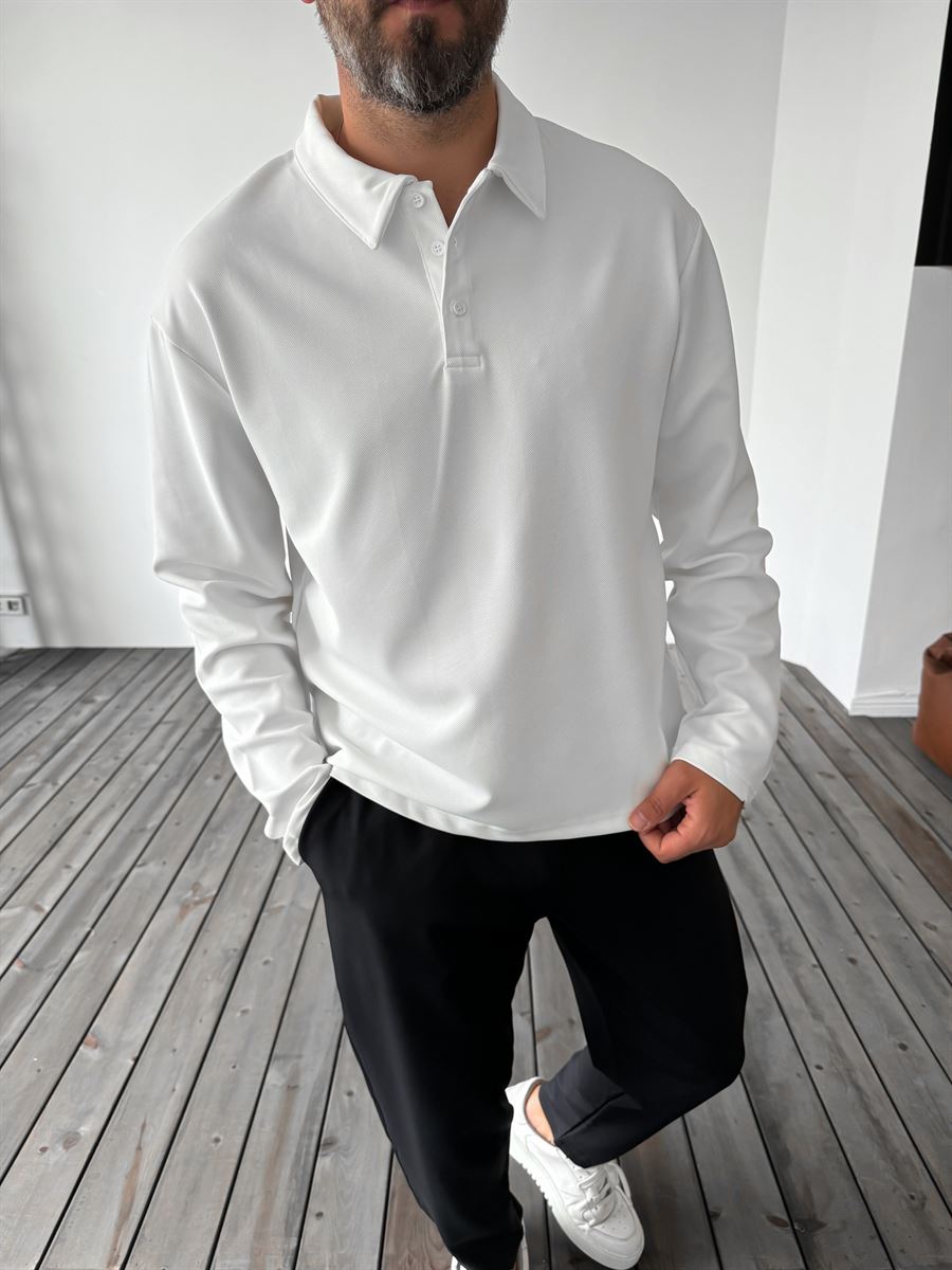 Beyaz Diagonal Polo Yaka Sweatshirt PM-136