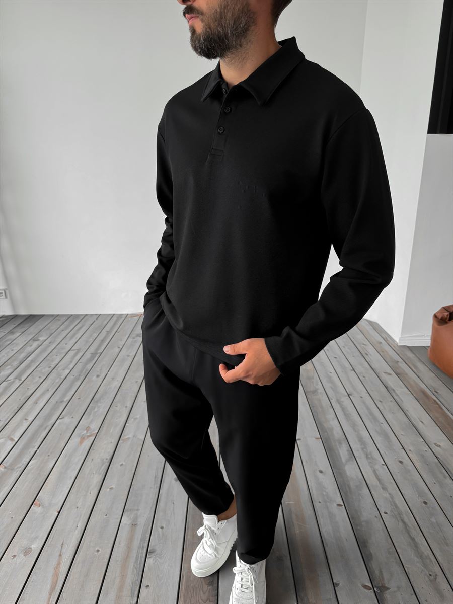 Siyah Diagonal Polo Yaka Sweatshirt PM-136